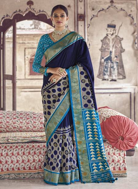 Navy Blue Colour BK Rewaa Patola Silk Wedding Wear Hand Printed With Heavy Jacquard Border and swarovski work Saree Collection 112